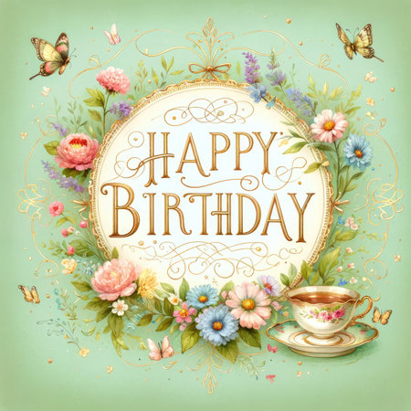 This delightful birthday graphic is perfect for a garden tea party theme, with 'Happy Birthday' elegantly inscribed in the center in sophisticated gold calligraphy. Set against a backdrop of soft tea-green, the design is lovingly embellished with watercolor illustrations of antique teacups, blooming garden flowers, and whimsical butterflies, all rendered in a gentle pastel palette. Ornate gold lace patterns are subtly traced around the border, lending an air of delicate refinement and festive celebration to the card.の素材