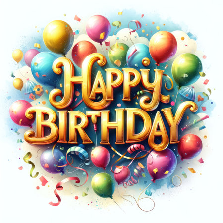 Capture the essence of celebration with this vibrant birthday graphic, centered around 'Happy Birthday' lettering styled in a buoyant, balloon-inspired golden font that appears to float against a clear sky backdrop. Surrounding the festive text are myriad watercolor balloons in a spectrum of cheerful colors, along with swirls of confetti and streamers. This image is a visual embodiment of a joyous birthday party, brimming with excitement and gaiety.の素材