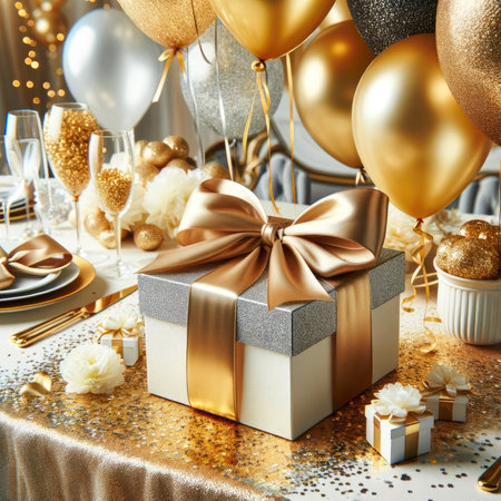 This image showcases a close-up view of a sumptuous birthday table setting, exuding opulence with sparkling golden and silver balloons that are tied with glossy, silky ribbons. The white tabletop is lavishly sprinkled with golden glitter, creating a dazzling effect. The scene is completed with small, exquisitely wrapped gift boxes that boast shiny textures and are bound with satin ribbons, perfectly encapsulating the essence of a luxury birthday celebration.の素材