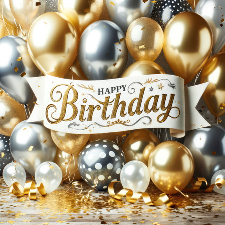 This image presents a joyous birthday celebration captured up-close, with an abundance of gold and silver balloons filling the scene. The balloons boast a variety of textures, from reflective glossy to understated matte, creating a visually rich tapestry. At the forefront, a ribbon banner unfurls with 'Happy Birthday' scripted in an elegant, sparkling font, surrounded by a cascade of golden confetti that adds to the festive atmosphere.の素材