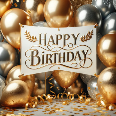 This captivating image features a close-up of a festive birthday arrangement, with a sea of gold and silver balloons creating a stunning backdrop. The mix of glossy and matte textures on the balloons adds depth and interest to the composition. In the foreground, an elegant banner proudly proclaims 'Happy Birthday' in a glittering script, set against the shimmering celebration. Golden confetti is strewn about, reflecting the joy and sparkle of the special occasion.の素材