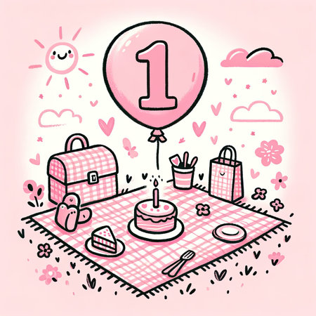 This adorable illustration portrays a delightful first birthday picnic set against a pink backdrop, complete with a large '1' shaped balloon. A checkered picnic blanket is adorned with a small birthday cake, plates, and cups, all embellished with whimsical doodles of hearts and stars. The scene is topped off with a cheerful sun smiling from above, perfect for invitations, birthday cards, and celebratory decorations.の素材