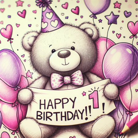 This enchanting illustration features a teddy bear in the midst of a first birthday celebration, donning a party hat and holding a 'Happy 1st Birthday!' banner. Surrounded by a festive array of pink and purple balloons, hearts, and stars, the image is infused with the joyful simplicity of a child's drawing. A prominent number '1' adorns the bear's belly, symbolizing the special milestone.の素材