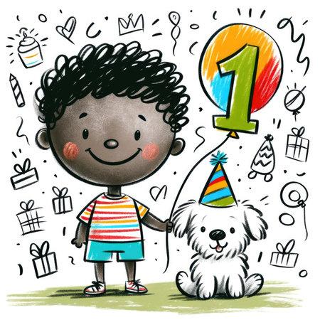 A cheerful child's drawing captures a young boy with a radiant smile celebrating with a cute, party-hat-clad puppy, amidst a vivid backdrop of birthday festivity symbols.の素材