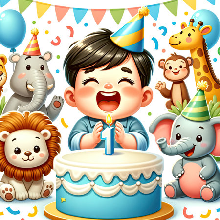 This cheerful illustration captures a young Asian boy's first birthday, surrounded by a merry band of cartoon animals in party hats, all celebrating with a large cake topped with a single candle.の素材