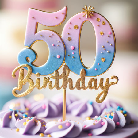 An exquisite close-up of a 50th birthday cake topper, artfully crafted in pastel hues with gold glitter accents, perched atop a cake adorned with matching sprinkles for a sophisticated celebration.の素材