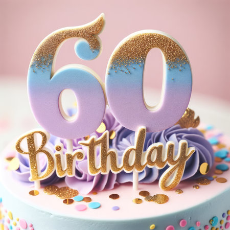 This cake topper celebrates a 60th birthday in style, with numbers in pastel purple and blue adorned with gold glitter, resting on a cake sprinkled with colorful decorations, symbolizing a joyous diamond jubilee.の素材
