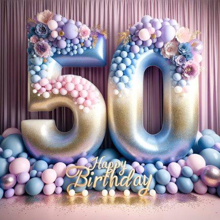 This opulent 50th birthday arrangement showcases grand balloons in pastel gradients, adorned with gold glitter, complemented by a delicate array of confetti and smaller balloons, all exuding sophistication for a special celebration.の素材