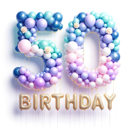 This floating '50th Birthday' balloon message exudes elegance with its pastel purple to blue gradient and sparkling gold touches, creating a festive and memorable backdrop for a milestone celebration.の素材