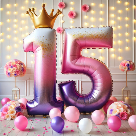 Celebrate a regal 15th birthday with these stunning foil balloons that transition from pink to purple, dusted with gold glitter and crowned with elegance. The magical garden backdrop with twinkling lights and delicate paper flowers adds a dreamy quality to this quinceaÃ±era scene.の素材