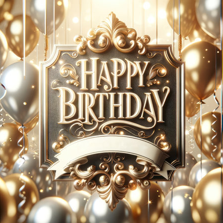 A radiant display of gold and silver balloons enhances a luxurious birthday setting, centered around an elegantly scripted Happy Birthday message with space for personalization on a vintage-style banner.の素材