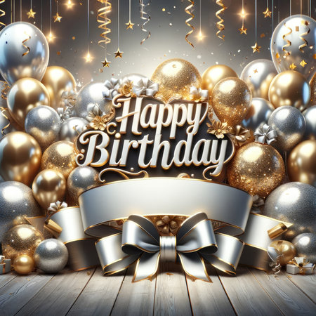 Celebrate in style with this elaborate 'Happy Birthday' display, framed by gold and silver balloons, complete with a central ribbon banner designed for your personalized message.の素材