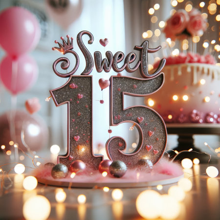An enchanting 'Sweet 15' celebration display, featuring the number '15' adorned with pink and silver glitter, surrounded by the warm glow of fairy lights and whimsical balloons, exuding a charming and magical atmosphere.の素材