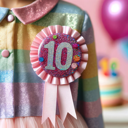 A delightful close-up of a pastel rainbow dress adorned with a sparkling pink '10' birthday badge, set against a whimsical backdrop of soft balloons and the suggestion of a festive birthday cake.の素材