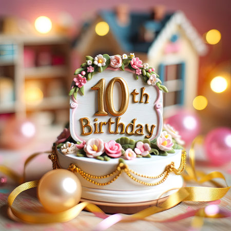 A hand-painted sign celebrating a 10th birthday, adorned with a floral garland.の素材