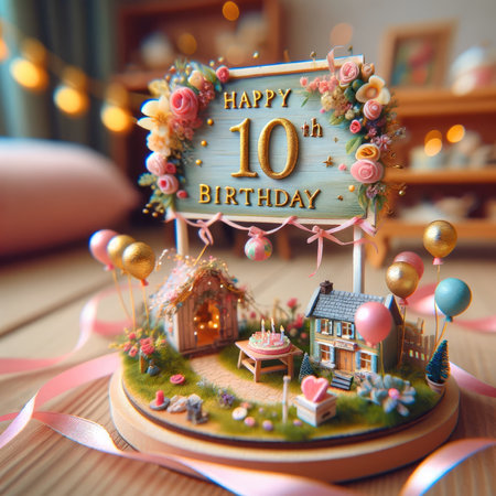 A tiny, hand-painted village scene celebrating a 'Happy 10th Birthday.'の素材