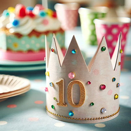 Handmade crown with '10' and gems on a festive table with cake and party cups.の素材