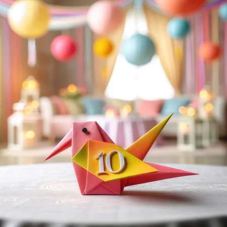 A close-up image showcasing a handmade origami bird featuring a bright blend of colors and the number '10' as part of its artistic design, situated on a table amidst a softly lit birthday party setting with paper lanterns and streamers in the background, evoking a sense of celebration and creativity.の素材