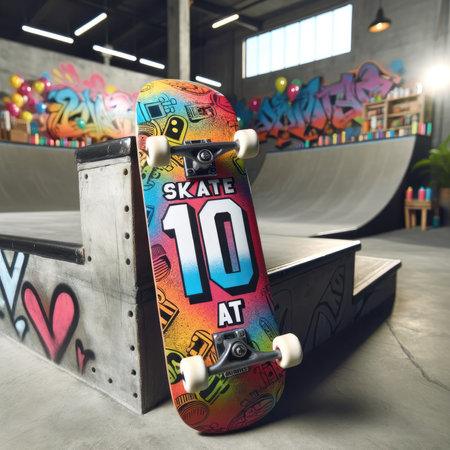 The image features a vividly painted skateboard emblazoned with 'Skate at 10', capturing the essence of a youth-oriented birthday celebration in an urban skate park setting. Positioned against a half-pipe, the skateboard symbolizes the excitement of turning 10 in a venue alive with graffiti art and a street-style setup, promising an action-packed day for a skate-loving birthday boy or girl and their friends.の素材