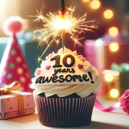 This image zooms in on a decadent birthday cupcake topped with a sparkling sparkler, the icing artfully proclaiming '10 Years Awesome!'. The backdrop is a soft focus of birthday merriment, featuring vibrant party hats and an array of colorful gifts, all contributing to the cheerful ambiance of a tenth birthday celebration that promises as much sweetness and sparkle as the cupcake itself.の素材
