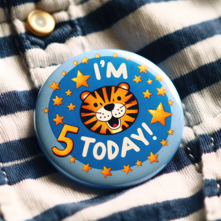 This captivating close-up showcases a glossy birthday badge, cheerfully proclaiming 'I'm 5 Today!' with a mighty cartoon tiger at its center. The badge is pinned against a blue striped shirt, suggesting a playful and adventurous spirit fit for a child's fifth birthday party. Surrounding the roaring tiger are five stars, adding a touch of sparkle to the fun-filled celebration.の素材