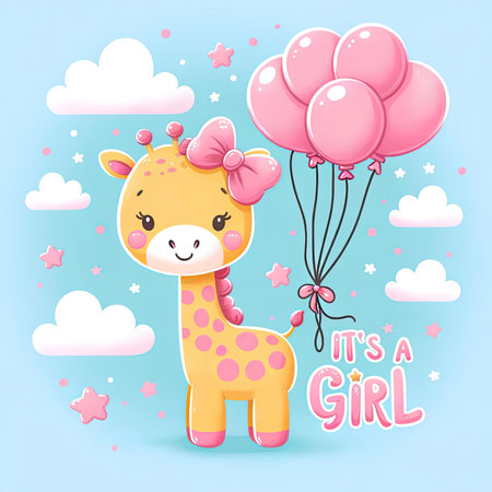 This delightful illustration showcases a cartoon giraffe adorned with a pink bow, standing next to a cheerful cluster of balloons, under the joyful announcement "It's a Girl" in a playful, curly font. The scene is set against a dreamy sky-blue background dotted with pastel pink clouds and stars, perfect for a baby girl's celebration or announcement.の素材