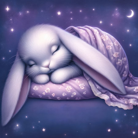 This enchanting digital art piece captures a tender moment as a soft lavender bunny sleeps soundly, with long, delicate ears nestled under a tiny blanket. The scene is set against a mesmerizing starry night background, glowing with a gentle moon and twinkling stars, creating a magical and dreamy atmosphere perfect for a child's nursery or as a peaceful bedtime visual.の素材