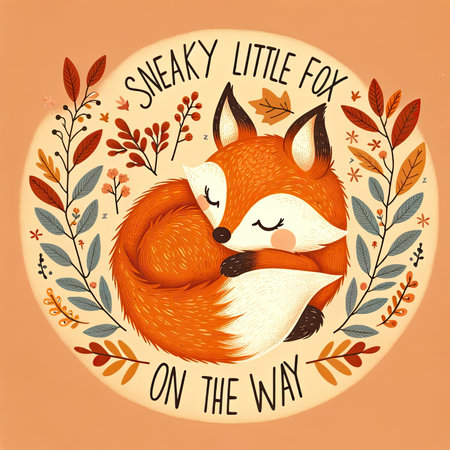 This warm illustration depicts a soft orange baby fox curled up asleep, evoking a sense of peacefulness and whimsy. Surrounded by a pattern of autumn leaves and the playful words "Sneaky Little Fox on the Way," this charming artwork captures the essence of an autumnal theme. Ideal for a cozy touch to a nursery or as an adorable baby announcement, this image brings the tranquility and beauty of nature into any space.の素材
