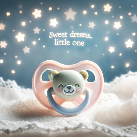 A heartwarming scene featuring a pastel pacifier with a charming bear design set against a celestial backdrop, accompanied by the sweet message "Sweet Dreams, Little One".の素材