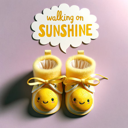 Adorable lemon-yellow baby booties, exuding cheerfulness on a lilac backdrop, are complemented by the whimsically styled phrase "Walking on Sunshine".の素材