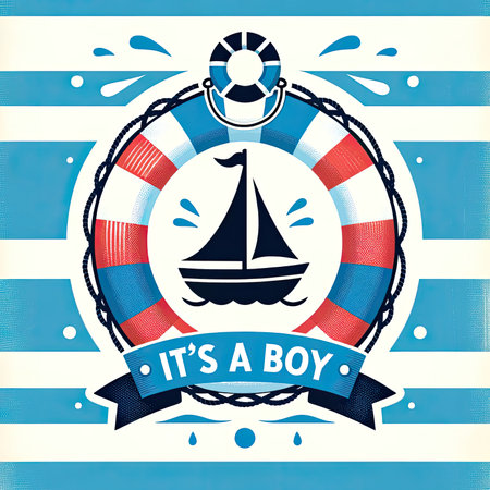 A vibrant nautical-themed image perfect for a baby shower, featuring a charming sailboat and lifebuoy with the announcement "It's a Boy!" set against a blue and white striped background.の素材
