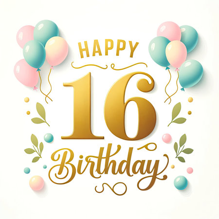 Celebrate a milestone with this 'Happy 16th Birthday' graphic, featuring golden typography and pastel balloons. The design exudes a joyful atmosphere, perfect for invitations and decorations commemorating a Sweet 16 celebration.の素材