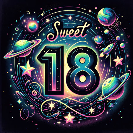 A luminous 'Sweet 18' takes center stage in this cosmic space-themed birthday graphic, bursting with neon colors and surrounded by a galaxy of planets and stars, perfect for a stellar 18th birthday celebration that marks the exciting journey into adulthood.の素材