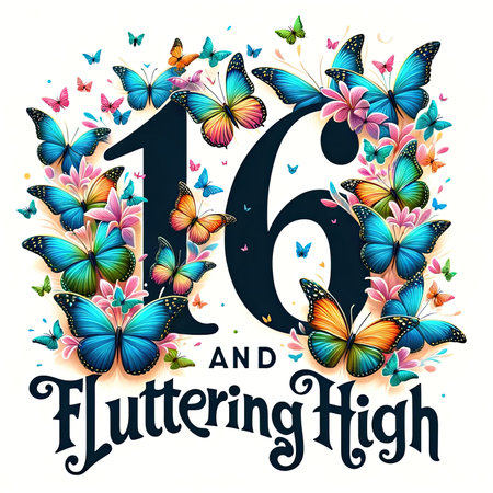 "16 and Fluttering High" encapsulates the spirit of growth and joyful transformation. This dreamscape of colorful, realistic butterflies signifies the beauty of turning sixteen, ideal for a whimsical and nature-inspired birthday celebration.の素材