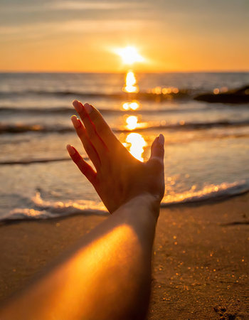 Create an engaging narrative for your image: A moment of serenity captured as a person's hand reaches out to touch the warm, golden rays of the setting sun on a tranquil beach. This image conveys the beauty of nature, the connection between humans and the environment, and the essence of peaceful solitude.の素材
