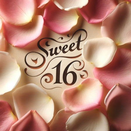 Capture the essence of youthful elegance with this exquisite image. Delicate rose petals in soft pinks and whites form a natural and organic background, bathed in soft, fluttering lighting. The artistically scripted "Sweet 16" adds a touch of graceful charm. Ideal for birthday celebrations, romantic themes, or any event needing a touch of sweetness.の素材