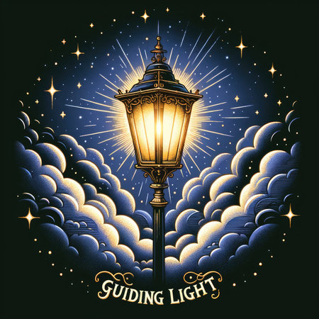 "Guiding Light" - An enchanting illustration of an old-fashioned ornate street lamp, radiating a warm, golden glow against a star-filled, deep blue night sky. The darkness surrounding it enhances the lantern's brilliance, evoking a sense of mystery and tranquility.の素材