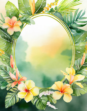 Capture the essence of tropical elegance with this image. Vibrant tropical flowers adorn a graceful border, encircling a central copyspace within an oval frame. The background features a sunny yellow and lush green watercolor gradient. Ideal for conveying beauty, nature, and sophistication in various contexts.の素材