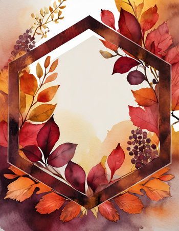 Immerse yourself in the beauty of fall with this exquisite botanical border. Vibrant autumnal colors surround a hexagonal frame, creating an elegant copyspace. The muted watercolor backdrop in deep orange and burgundy hues adds a touch of sophistication.の素材
