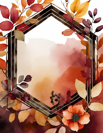 Immerse yourself in the beauty of fall with this exquisite botanical border. Vibrant autumnal colors surround a hexagonal frame, creating an elegant copyspace. The muted watercolor backdrop in deep orange and burgundy hues adds a touch of sophistication.の素材