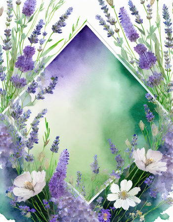 Capture the charm of a vibrant wildflower border within a diamond-shaped frame. Delicate watercolor hues transition from lavender to spring green in the background. Ideal for conveying nature's beauty and creativity in various contexts.の素材