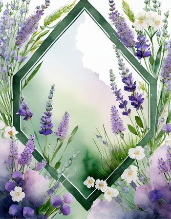 Capture the charm of a vibrant wildflower border within a diamond-shaped frame. Delicate watercolor hues transition from lavender to spring green in the background. Ideal for conveying nature's beauty and creativity in various contexts.の素材