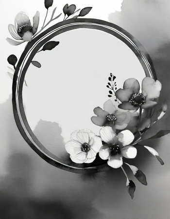 Elegant black and white minimalist floral border with circular copyspace. Subtle watercolor gradient background from charcoal to light gray. Versatile and contemporary design suitable for various applications.の素材