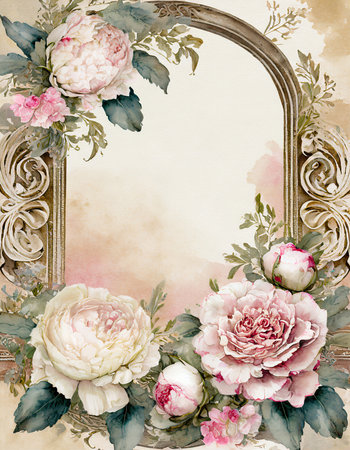 Transport your audience to the romantic era with this vintage-inspired floral border featuring Victorian roses and peonies. An ornate scrollwork frame provides copyspace against a backdrop of washed watercolors in antique ivory and blush pink. Perfect for adding a touch of timeless elegance to various creative projects.の素材
