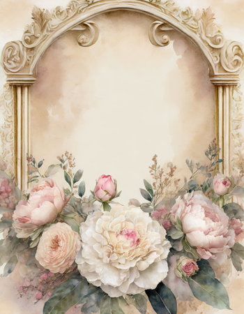 Transport your audience to the romantic era with this vintage-inspired floral border featuring Victorian roses and peonies. An ornate scrollwork frame provides copyspace against a backdrop of washed watercolors in antique ivory and blush pink. Perfect for adding a touch of timeless elegance to various creative projects.の素材