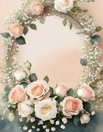 Capture the essence of romance with this exquisite floral border. A garland of blush roses and baby's breath encircles a copyspace, framed in delicate filigree. The soft watercolor backdrop in pastel peach and cream tones adds a touch of elegance. Perfect for conveying love and beauty.の素材