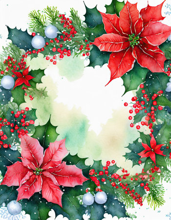 Capture the festive spirit with a stunning holiday border featuring vibrant poinsettias and holly leaves. Set within a snowflake-shaped frame, this design is accentuated by a watercolor wash of Christmas red and pine green, making it perfect for holiday-themed projects and decorations.の素材