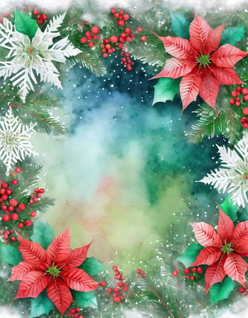 Capture the festive spirit with a stunning holiday border featuring vibrant poinsettias and holly leaves. Set within a snowflake-shaped frame, this design is accentuated by a watercolor wash of Christmas red and pine green, making it perfect for holiday-themed projects and decorations.の素材