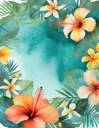 Imagine yourself in a tropical paradise surrounded by vibrant hibiscus and frangipani flowers. A leaf-shaped frame creates space for your message against a backdrop of teal and mango orange watercolor hues. This image exudes the essence of a tropical getaway, making it perfect for travel, vacation, or relaxation-themed designs.の素材