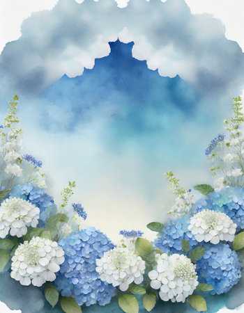 Create an engaging narrative for your image, capturing who, what, when, where, and why it is depicted. This image features a refreshing border adorned with clusters of blue hydrangeas and white anemones. Copyspace is framed by a cloud-shaped outline. The background has a watercolor effect transitioning from sky blue to soft cloud white. Ideal for a variety of applications.の素材